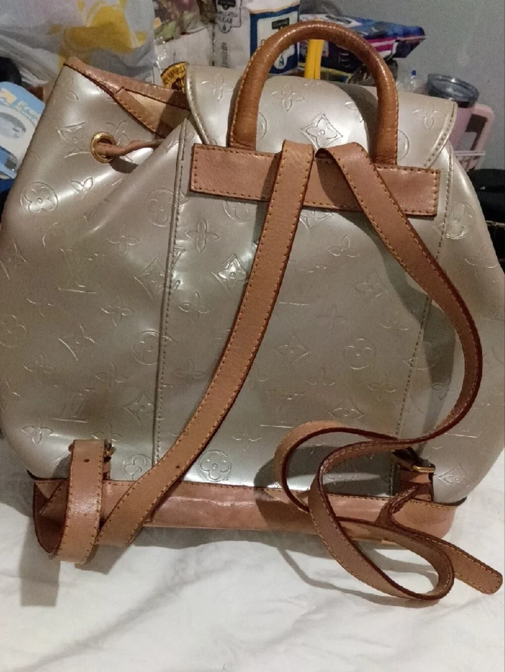 Louis Vuitton Metallic Taupe Drawstring Monogram Backpack with Tan Trim